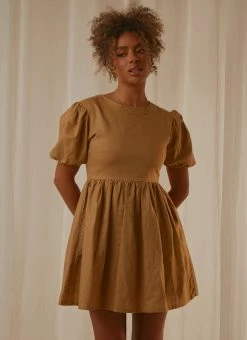 Discount ✔️ Nude Lucy - Nima Linen Mini 👗 Dress - Oak 🎉