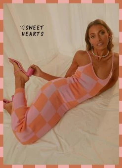 New 🔥 Peppermayo Exclusive - Cali Sweetheart Knit Maxi 👗 Dress - Pink And Orange Checkers 🥰